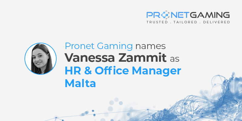 Pronet Gaming names Vanessa Zammit as HR and Office Manager in Malta. Headshot of Vanessa Zammit to the left of text and Pronet Gaming logo in top right corner